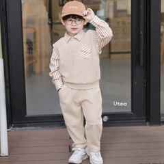 Set gilê kẻ 3 chi tiết áo sơ mi dài tay áo gi lê quần kaki cho né trai 1 đến 7 tuổi BERNIE 0724B40