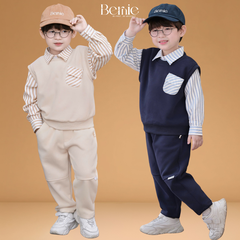 Set gilê kẻ 3 chi tiết áo sơ mi dài tay áo gi lê quần kaki cho né trai 1 đến 7 tuổi BERNIE 0724B40