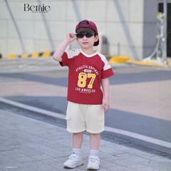 Set bộ thể thao phối màu tay ngắn họa tiết số 87 kèm quần short cho bé trai size 9 tới 28kg BERNIE T1025B65Đ