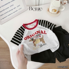 Set bộ tay ngắn raplang phối tay áo kẻ họa tiết Original kèm quần short da cá cho bé trai 1 đến 7 tuổi BERNIE H1125B27