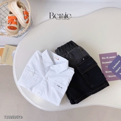 Set bộ tay ngắn cho bé trai áo sơ mi trắng kèm quần short jean phong cách Little Boss size 9 tới 28kg BERNIE T1025B67Đ 