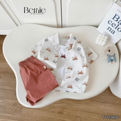 Set sơ mi 3 chi tiết áo tay ngắn họa tiết ô tô áo ba lỗ kèm quần short kaki cho bé trai 9 tới 28kg BERNIE T1125B16