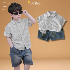 Set bộ sơ mi cho bé trai áo tay ngắn họa tiết Grafiti kèm quần short jean size 11 đến 28kg BERNIE T1225B09