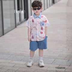 Set bộ đi chơi tay ngắn áo sơ mi họa tiết in tràn Idol cho bé trai kèm quần short denim size 11 đến 28kg BERNIE T1255B13