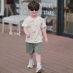 Set bộ tay ngắn cotton cho bé trai họa tiết in trần Puppy Good day kèm quần short size 9 tới 25kg BERNIE T0326B24