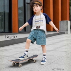 Set bộ tay ngắn raplang phối màu áo thun họa tiết Tomorrow và quần short jean bé trai 1 đến 7 tuổi BERNIE H0725B19