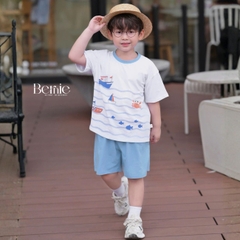 Set bộ ngắn tay đi chơi đi biển họa tiết Đại Hải Trình kèm quần short cho bé trai size 9 tới 25kg BERNIE H0226B31