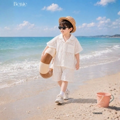 Set bộ sơ mi ren mây trắng tay ngắn cho bé trai đi chơi đi biển size 9 tới 27kg BERNIE H0226A05