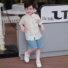  Set bộ tay ngắn áo sơ mi kẻ The Sea cho bé trai kèm quần short kaki denim size 11 đến 28kg BERNIE H1225B27
