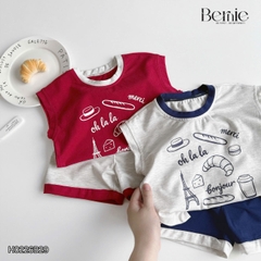 Set bộ cho bé trai áo tanktop họa tiết Bonjour phối màu kèm quần short size 9 tới 28kg BERNIE H0226B29