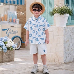 Set bộ sơ mi tay ngắn cho bé trai họa tiết cá sấu vui nhộn kèm quần short kaki size 11kg tới 28kg BERNIE H0226B01