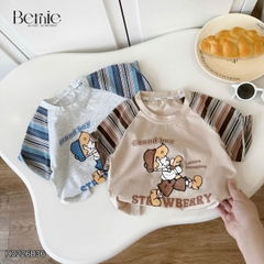 Set tay ngắn áo raplang họa tiết kẻ Good boy kèm quần short kaki cho bé trai size 9 đến 28kg BERNIE H0226B36