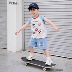 Set bộ bé trai áo thun tanktop họa tiết 5 Chú cún Cute kèm quần short denim size 9 đến 25kg BERNIE T0226B11