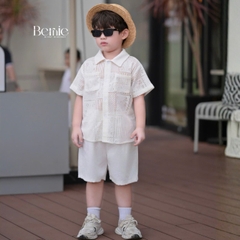 Set bộ sơ mi tay ngắn áo ren kèm quần short đũi trắng cho bé trai đi chơi đi biển size 9 tới 27kg BERNIE T0326B07