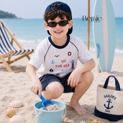 Set bộ đi biển bé trai áo thun tay ngắn raplang the Sea kèm quần short kẻ size 1 đến 7 tuổi BERNIE H0226B34