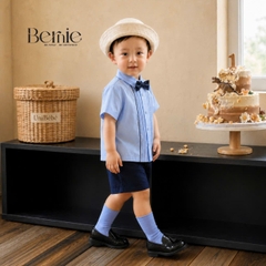 Set sơ mi bé trai công tử màu xanh trắng có nơ mặc thôi nôi sinh nhật sự kiện 1 đến 7 tuổi BERNIE H0725B73