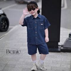 Set bộ sơ mi denim cho bé trai áo sơ mi phối túi kèm quần short size 9 đến 28kg BERNIE T0126B13Đ