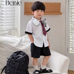 Set sơ mi 3CT Lucky Cool ngầu cho bé trai áo tay ngắn và quần short kèm cà vạt rời size 11 tới 28kg BERNIE T0326B29