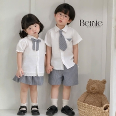 Set sơ mi kẻ Blue Schoo cho bé trai bé gái áo sơ mi trắng kèm quần hoặc chân váy cùng cà vạt và nơ rời size 11 tới 28kg BERNIE V0526B73