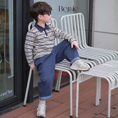 Set bộ dài tay cho bé trai áo polo họa tiết kẻ thêu Dog phối quần dài suông denim size 11 tới 28kg BERNIE V0426B37