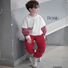 Set bộ cotton phối kẻ BNE Sport áo tay dài kèm quần cho bé trai size 9 tới 25kg BERNIE T0526B35