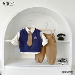 Set bộ 4CT áo sơ mi tay dài áo gi lê rời thêu phù hiệu kèm cà vạt và quần kaki size 1 đến 7 tuổi BERNIE T0526B71