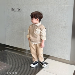 Set gilê kẻ 3 chi tiết áo sơ mi dài tay áo gi lê quần kaki cho né trai 1 đến 7 tuổi BERNIE 0724B40