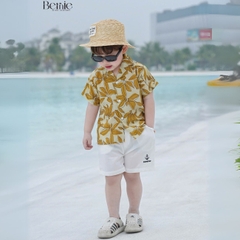 Set sơ mi đũi unisex bé trai bé gái đi biển họa tiết đi biển lá nổi bật size 1 đến 7 tuổi BERNIE 0124B39