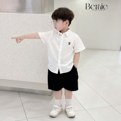 Áo sơ mi trắng xanh cộc tay phối gấu Bernie – Sự lựa chọn đáng yêu cho bé từ 1 đến 7 tuổi