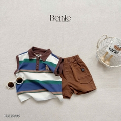 Set bộ polo kẻ ngang tanktop thêu gấu cho bé trai kèm quần short jean phong cách Hàn quốc 9 đến 28kg BERNIE H0125B35