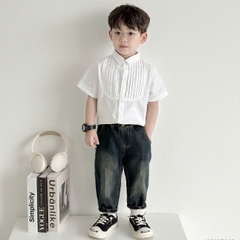 Áo sơ mi trắng công tử cộc tay xếp ly nổi cho bé trai size 9kg tới 28kg BERNIE H0125A16