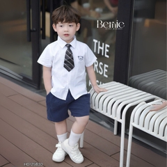 Set bộ sơ mi tay ngắn thêu gấu kèm cà vạt rời và quần short cho bé trai từ 9 đến 25kg BERNIE H0125B30
