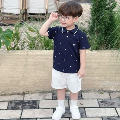 Set bộ polo bé trai tay ngắn cổ bo dệt họa tiết thêu cún kèm quần short kaki sz 9 tới 28kg BERNIE T0525B09