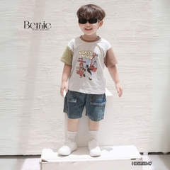 Set bộ tay ngắn phối màu họa tiết carnival kèm quần short jean cho bé trai 11kg tới 28kg BERNIE H0525B47