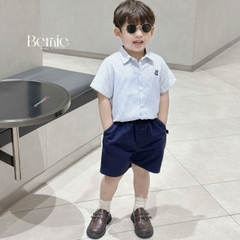 Set sơ mi ngắn tay kẻ sọc bé trai họa tiết thêu cáo kèm quần short cho bé từ 9kg tới 28kg BERNIE P0125B28