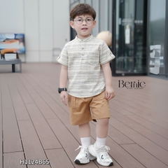  Set bộ sơ mi cổ trụ kẻ ngang phối túi viền kèm quần short kaki cho bé trai size 9 đến 28kg BERNIE H1124B65