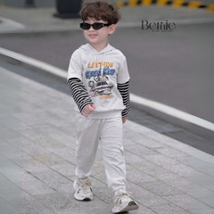 Set bộ tay dài thể thao unisex tay áo phối kẻ áo có mũ họa tiết ô tô đi chơi đi học 1 đến 7 tuổi BERNIE H0725B55