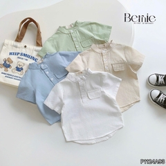 Áo sơ mi cổ trụ cho bé trai tay ngắn phối túi ngực nhiều màu size 9 tới 28kg BERNIE P1124A93