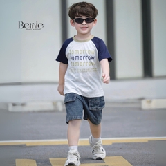 Set bộ tay ngắn raplang phối màu áo thun họa tiết Tomorrow và quần short jean bé trai 1 đến 7 tuổi BERNIE H0725B19
