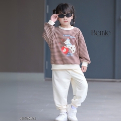 Set bộ nỉ tay dài kẻ sọc ngang phối màu họa tiết hình in cún dễ thương kèm quần dài unisex bé trai bé gái size 1 đến 7 tuổi BERNIE H0625B21