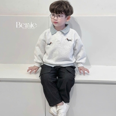 Set bộ nỉ tay dài phối cổ sơ mi sọc họa tiết thêu cún dễ thương kèm quần dài cho bé trai size 1 đến 7 tuổi BERNIE H0525B41