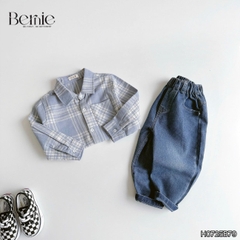 Set bộ bé trai áo sơ mi dài tay kẻ Coolboy kèm quần jean dài size 9 tới 28kg BERNIE H0725B79