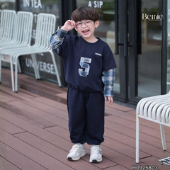 Set bộ thun da cá dài tay áo phối màu họa tiết chữ số 5 kèm quần dài size 9 tới 28kg BERNIE H0925B03
