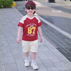 Set bộ thể thao phối màu tay ngắn họa tiết số 87 kèm quần short cho bé trai size 9 tới 28kg BERNIE T1025B65Đ