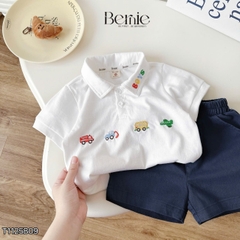 Set bộ polo Xe sắc màu cho bé trai áo thun polo tay ngắn và quần short jean size 9 tới 28kg BERNIE T1125B09