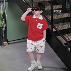 Set bộ Polo Crab màu đỏ cho bé trai áo thun polo tay ngắn và quần short kaki họa tiết size 9 tới 28kg BERNIE H1225B20Đ