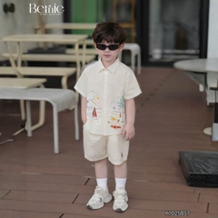 Set sơ mi ngắn tay đi biển cho bé trai bé gái họa tiết Tiny kèm quần short kaki size 9 tới 25kg BERNIE H1025B57