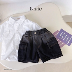 Set bộ tay ngắn cho bé trai áo sơ mi trắng kèm quần short jean phong cách Little Boss size 9 tới 28kg BERNIE T1025B67Đ 