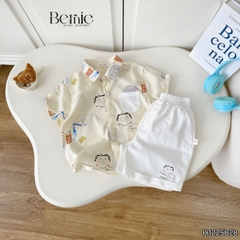 Set bộ sơ mi bé trai đi chơi đi biển áo tay ngắn họa tiết Papa Cat kèm quần short 11 tới 28kg BERNIE H1225B28