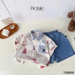 Set bộ đi chơi tay ngắn áo sơ mi họa tiết in tràn Idol cho bé trai kèm quần short denim size 11 đến 28kg BERNIE T1255B13